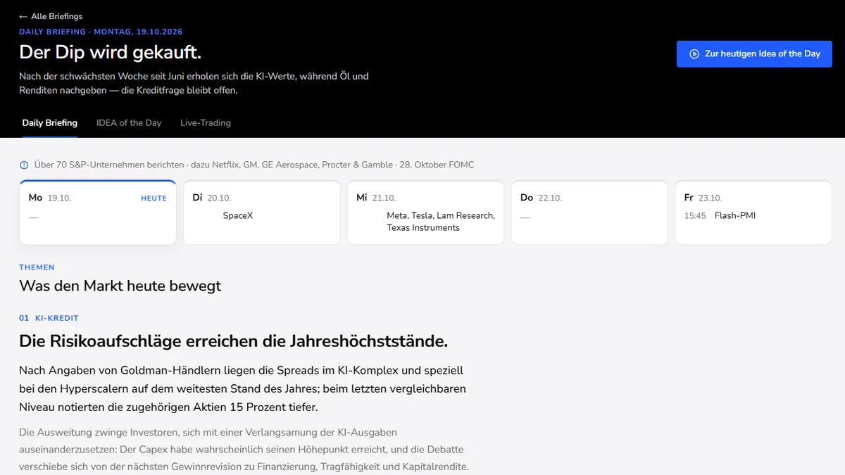 Daily Briefing im Mitgliederbereich: Überschrift, Wochentermine und eingeordnete Themen